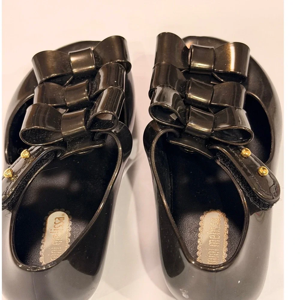 Mini Melissa Ultragirl Triple Bow Black Glitter Jelly Mary Jane Flats Kids US 8